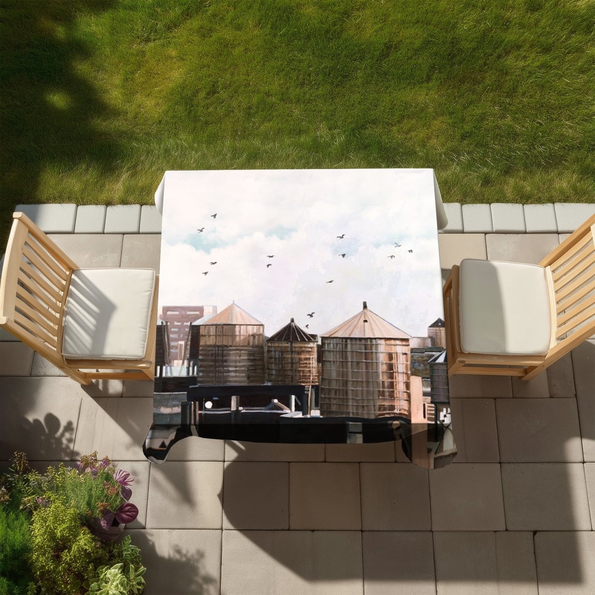 Picture of Begin Home Decor C1TC58582YVFLZ 58 x 58 in. Water Towers Tablecloth - Contemporary Indoor Outdoor Decor