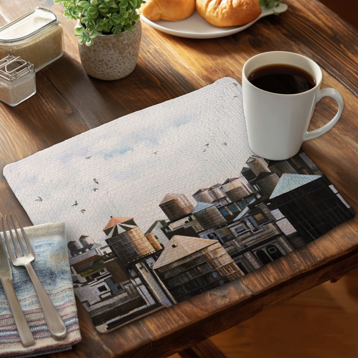 Picture of Begin Home Decor C6BP14183GIT0Q 14 x 18 in. Water Towers with Birds Braided Polyester Placemat - Home Decor - Set of 6