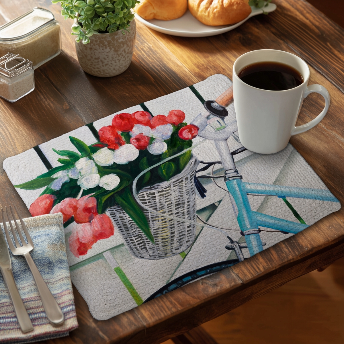 Picture of Begin Home Decor C4BP1418H71KFJ 14 x 18 in. Bicycle with Tulips Basket - Braided Polyester Placemat - Set of 4