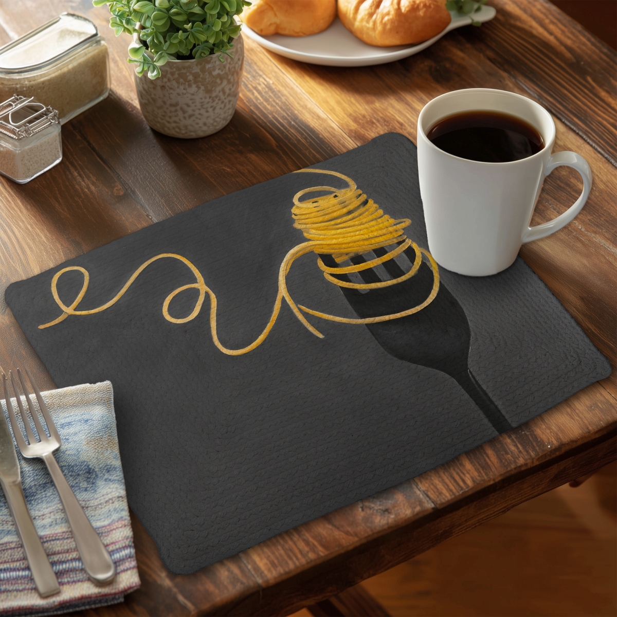 Picture of Begin Home Decor C4BP1418NHWSEE 14 x 18 in. Spaghetti Pasta Around a Fork - Braided Polyester Placemat - Set of 4