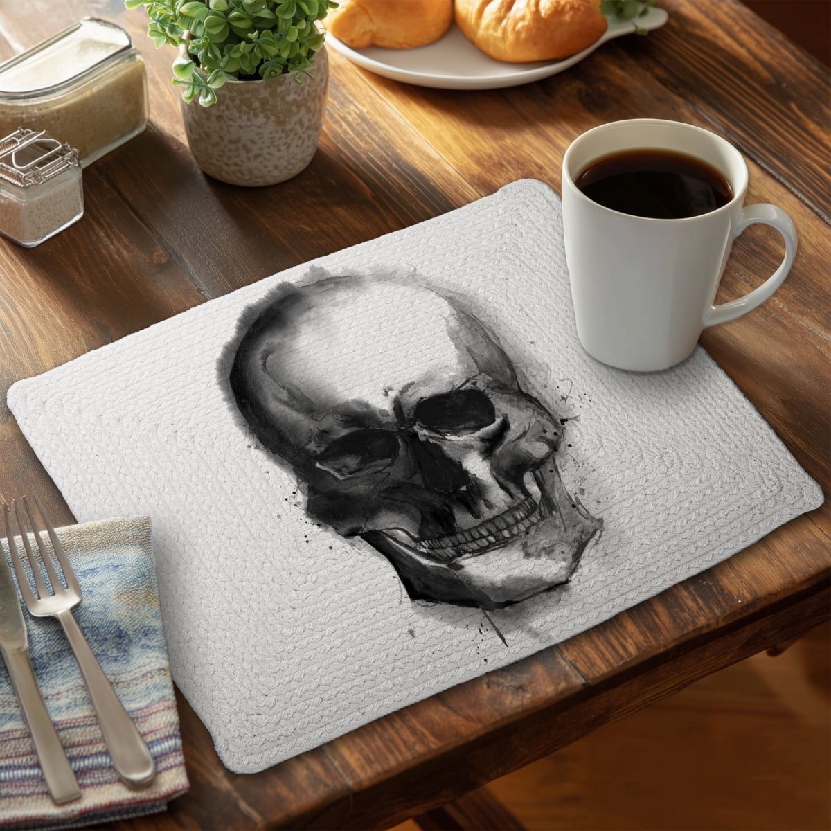 Picture of Begin Home Decor C4BP1418PGX1OB 14 x 18 in. Watercolor Dark Skull Braided Polyester Placemat - Home Decor - Set of 4