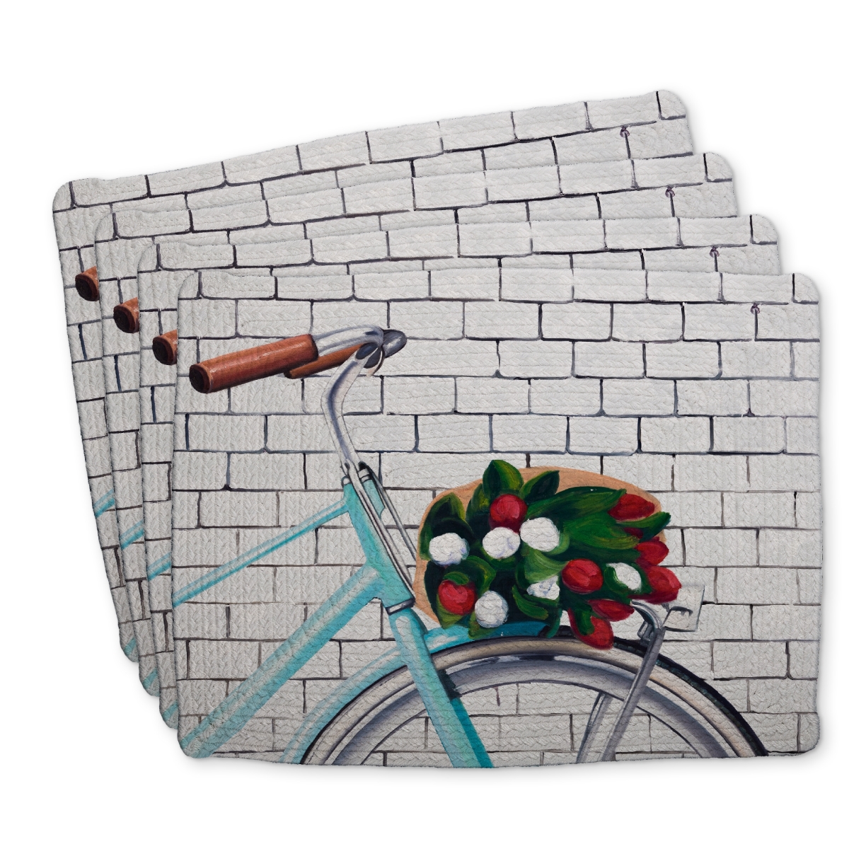 Picture of Begin Home Decor C4BP1418EUFHHY 14 x 18 in. Bicycle with Bouquet of Tulips Braided Polyester Placemat - Set of 4