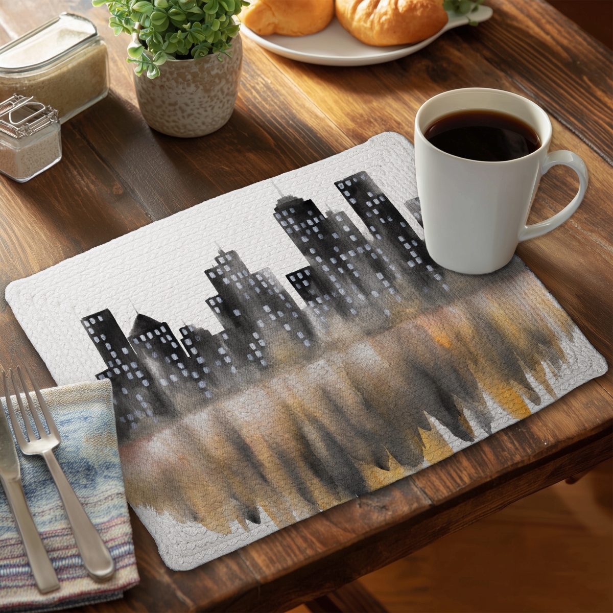 Picture of Begin Home Decor C4BP1418IAUT2E 14 x 18 in. Yellow Watercolor Cityscape Braided Polyester Placemat - Home Decor - Set of 4