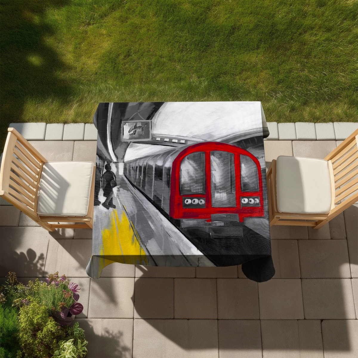 Picture of Begin Home Decor C1TC58588REXY0 58 x 58 in. Gray Train Industrial Tablecloth - Waiting Subway Home Decor