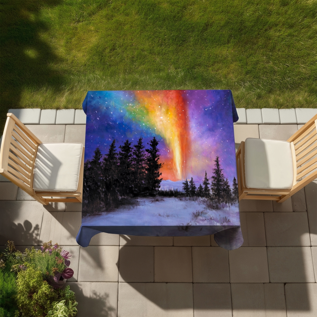 Picture of Begin Home Decor C1TC5858CNTD3L 58 x 58 in. Aurora Borealis in the Forest Tablecloth - Black Decor