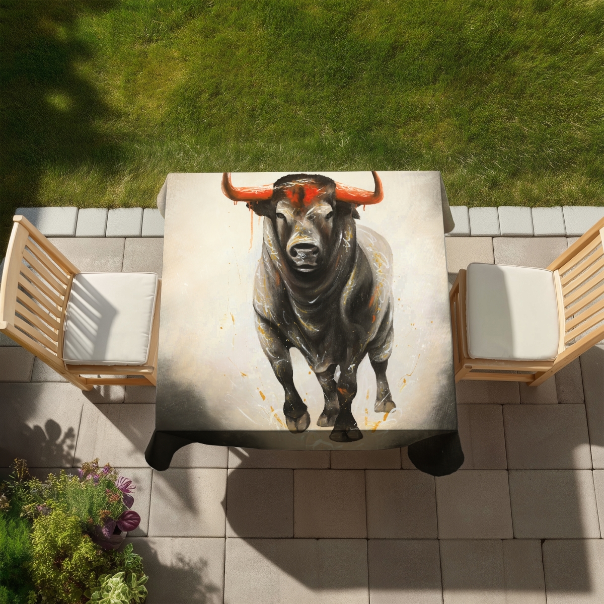 Picture of Begin Home Decor C1TC58580LD5NE 58 x 58 in. Fierce Bull Beige Tablecloth - Farm Animals Indoor Outdoor Decor