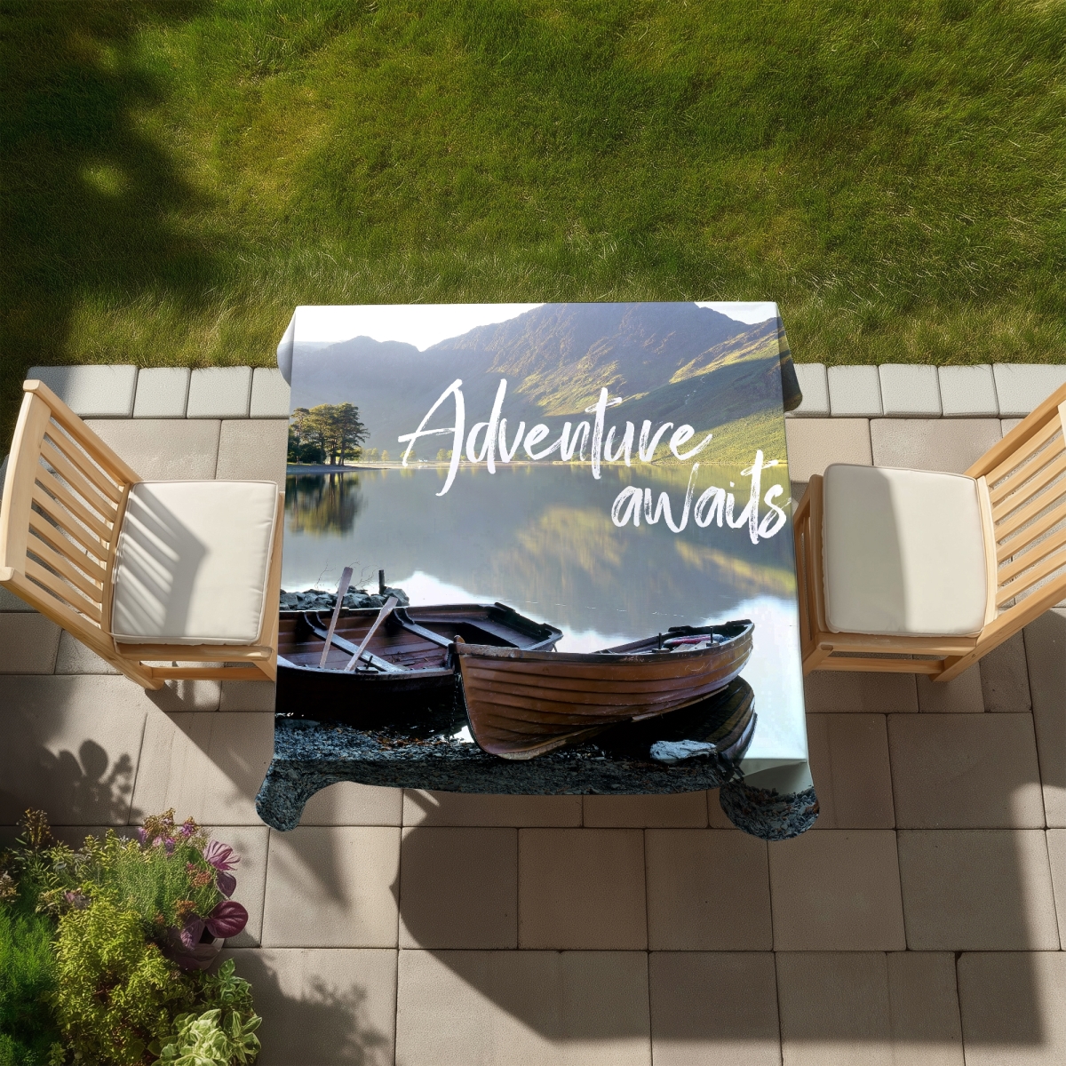 Picture of Begin Home Decor C1TC5858EGQQWU 58 x 58 in. Adventure Awaits Tablecloth - Motivational Home & Outdoor Decor