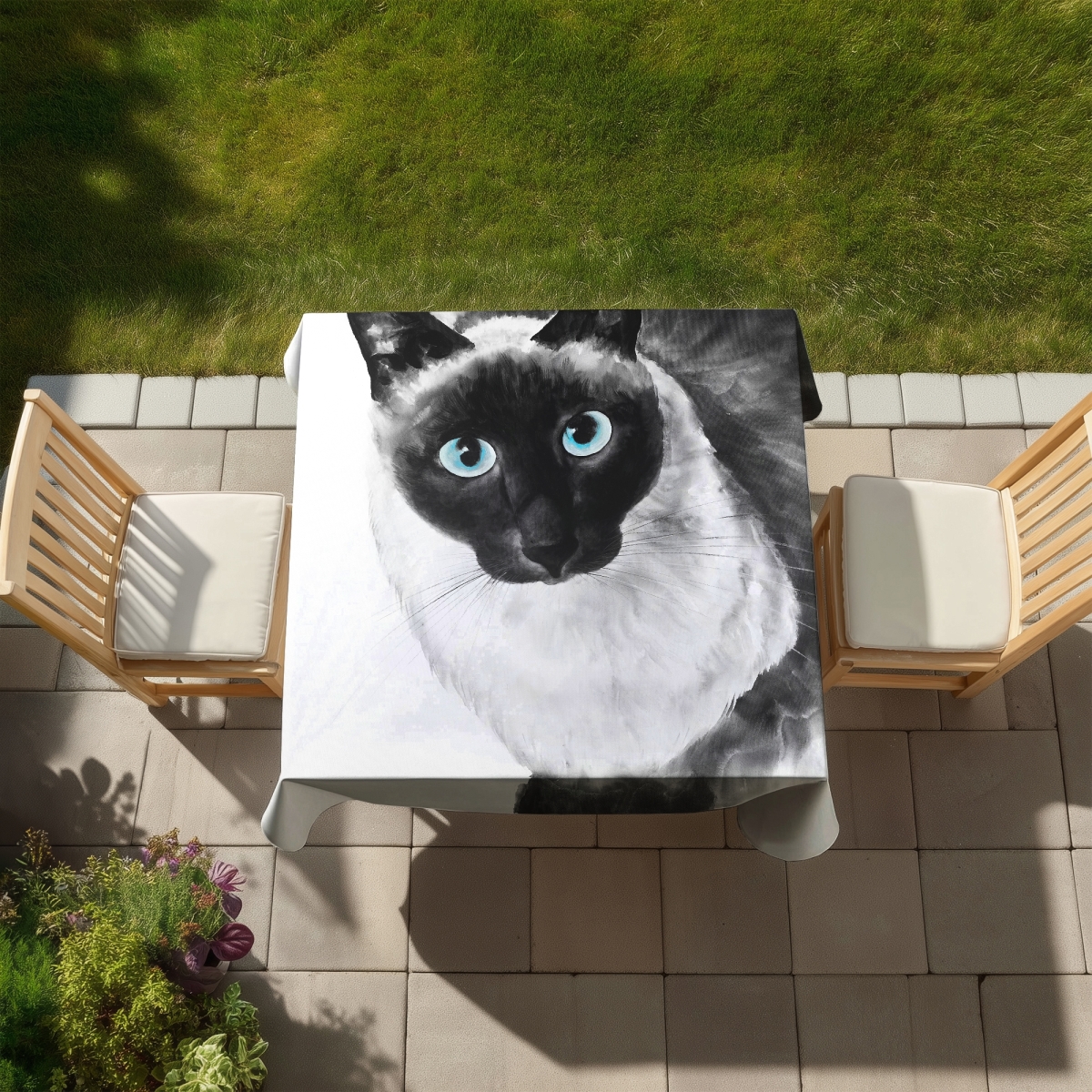 Picture of Begin Home Decor C1TC5858BY152Q 58 x 58 in. Blue Eyes Siamese Cat Tablecloth - Turquoise Minimalist Decor