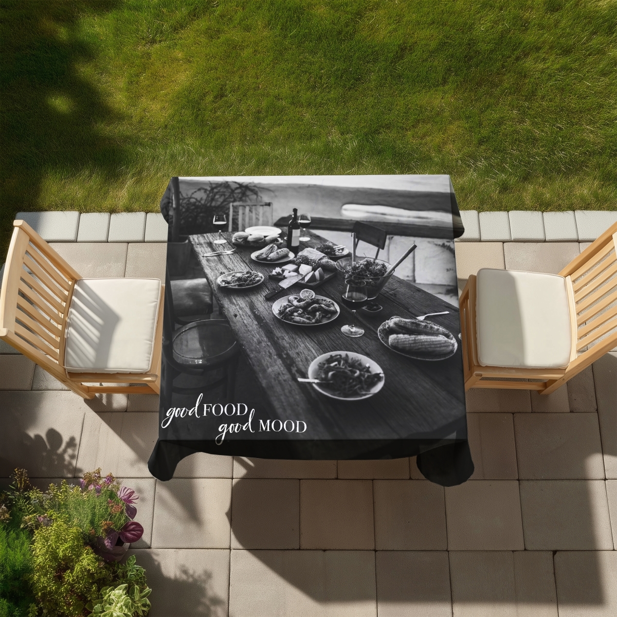 Picture of Begin Home Decor C1TC5858OQ56B7 58 x 58 in. Good Food Good Mood Tablecloth - Indoor & Outdoor Home Decor
