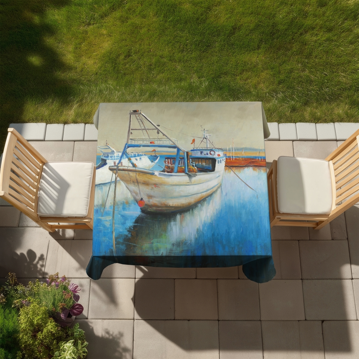 Picture of Begin Home Decor C1TC58584AEHNN 58 x 58 in. Fishing Boat Orange Contemporary Indoor Outdoor Tablecloth