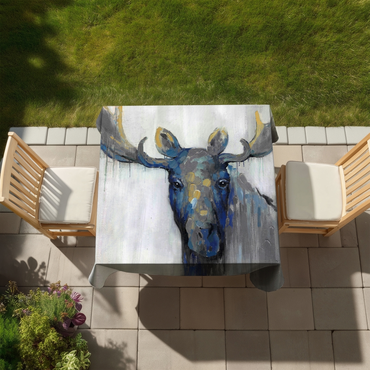 Picture of Begin Home Decor C1TC5858PN4EZM 58 x 58 in. Blue Moose Rustic Deer Tablecloth - Indoor & Outdoor Home Decor