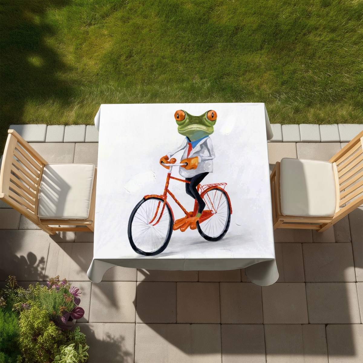 Picture of Begin Home Decor C1TC58580KNF5X 58 x 58 in. Funny Frog Riding a Bike Tablecloth - Scenic Hobbies Decor
