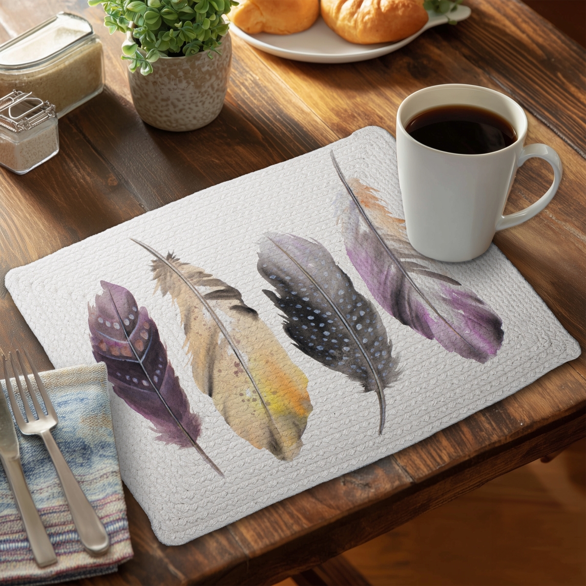 Picture of Begin Home Decor C4BP14184J42AN 14 x 18 in. Bohemian Feather Set - Braided Polyester Placemats for Decor - Set of 4