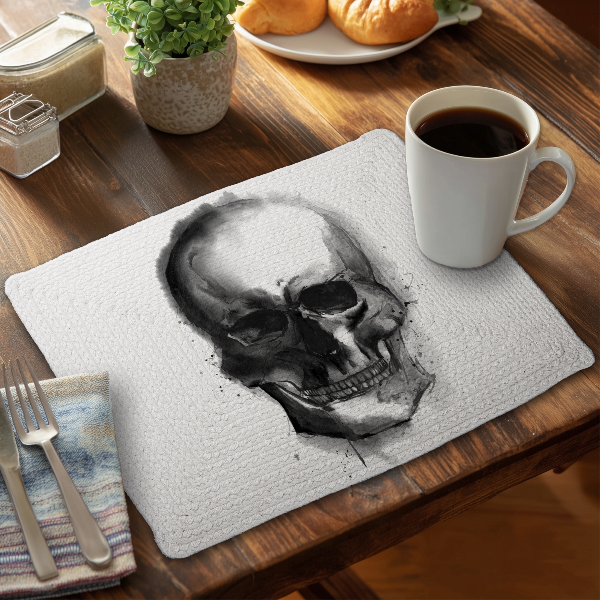 Picture of Begin Home Decor C6BP14183KHDIM 14 x 18 in. Watercolor Dark Skull Braided Polyester Placemat - Home Decor - Set of 6