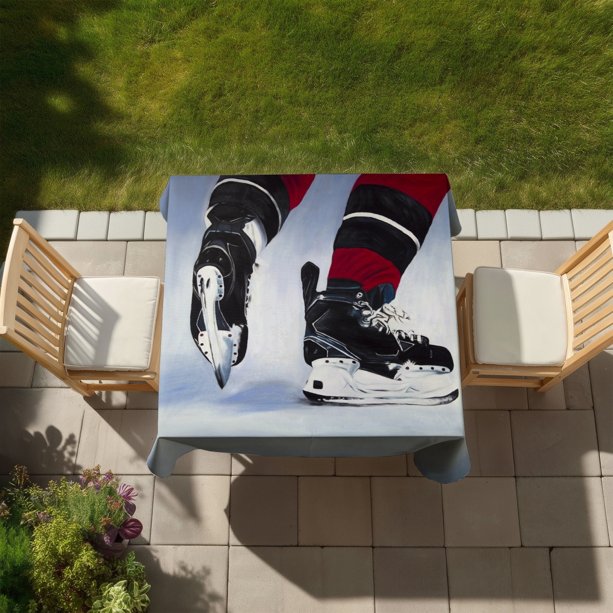 Picture of Begin Home Decor C1TC58584X9XW6 58 x 58 in. Hyperrealist Shoes Blue Hockey Player Tablecloth - Home Decor