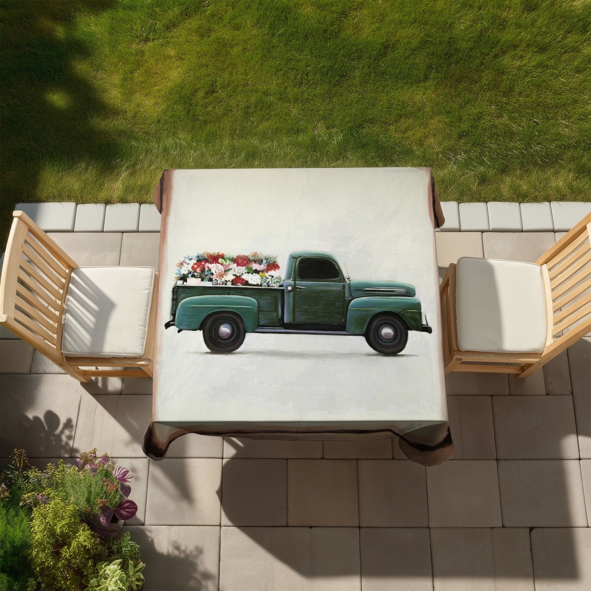 Picture of Begin Home Decor C1TC5858N4R5BG 58 x 58 in. Botanical Green Flowers Farm Truck Tablecloth - Indoor & Outdoor