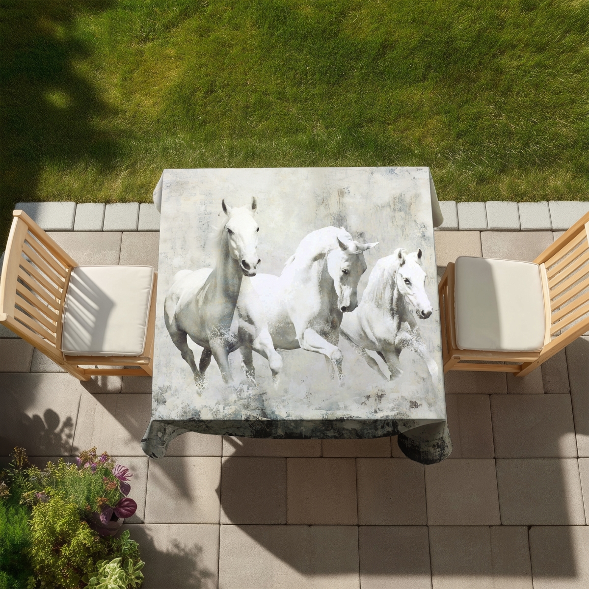 Picture of Begin Home Decor C1TC585892GE52 58 x 58 in. Three White Horses Running Tablecloth - Beige Indoor Outdoor Decor