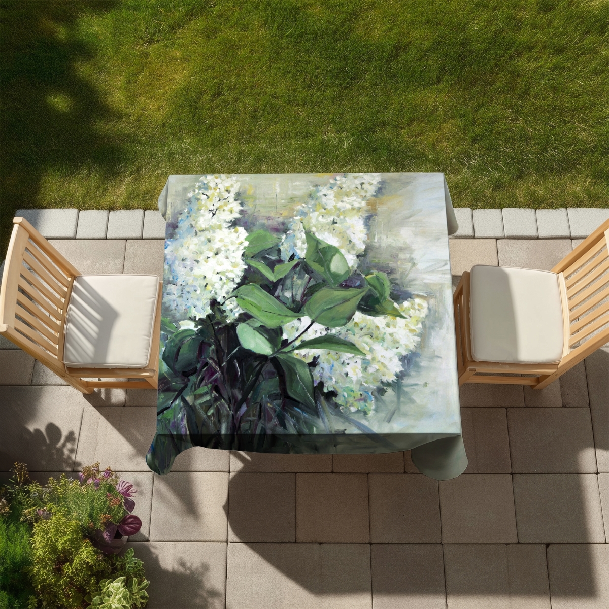 Picture of Begin Home Decor C1TC5858KFEQWN 58 x 58 in. Blue Floral Tablecloth - White Lilacs Indoor & Outdoor Decor