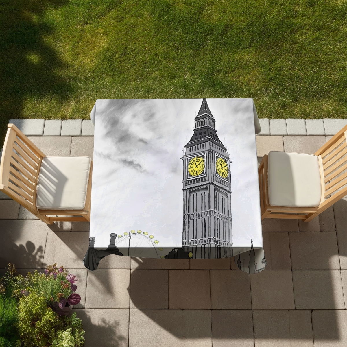 Picture of Begin Home Decor C1TC58581R37Y4 58 x 58 in. Outline of Big Ben Tablecloth - Gray Indoor Outdoor Decor