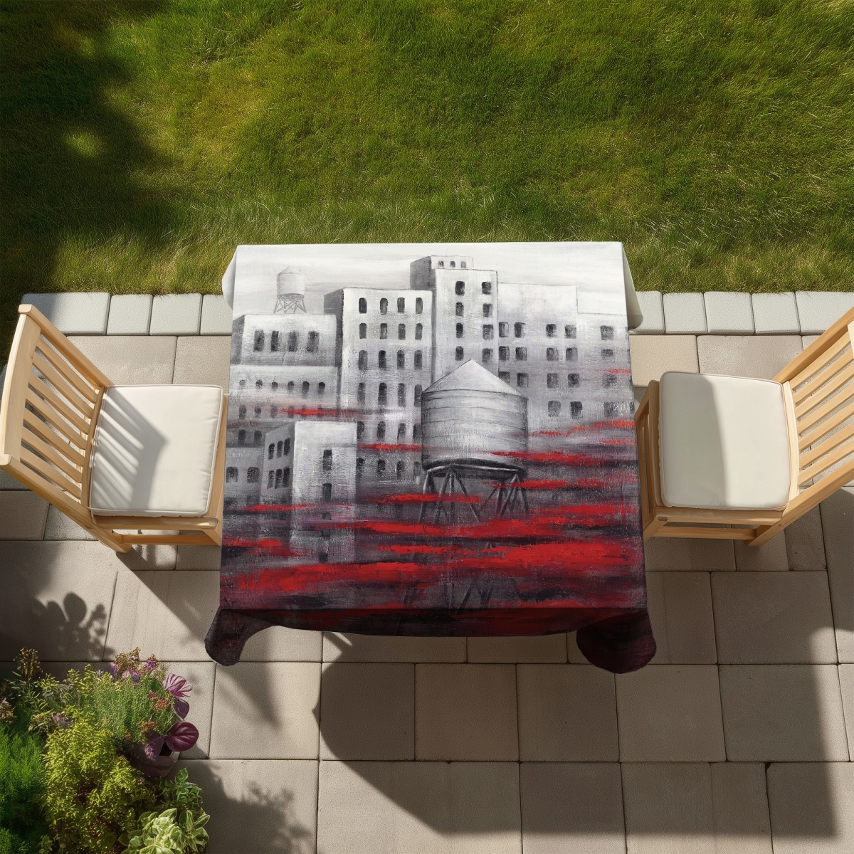 Picture of Begin Home Decor C1TC5858HOUG9L 58 x 58 in. Gray City with Red Clouds Tablecloth - Contemporary Home Decor