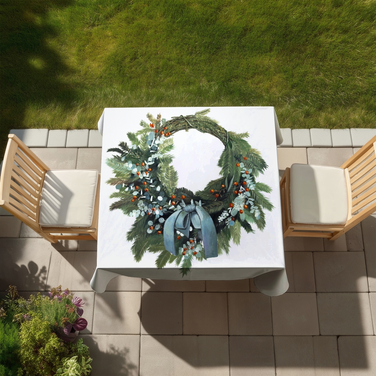 Picture of Begin Home Decor C1TC5858TEDKG5 58 x 58 in. Christmas Wreath Green Rustic Tablecloth - Indoor & Outdoor Decor