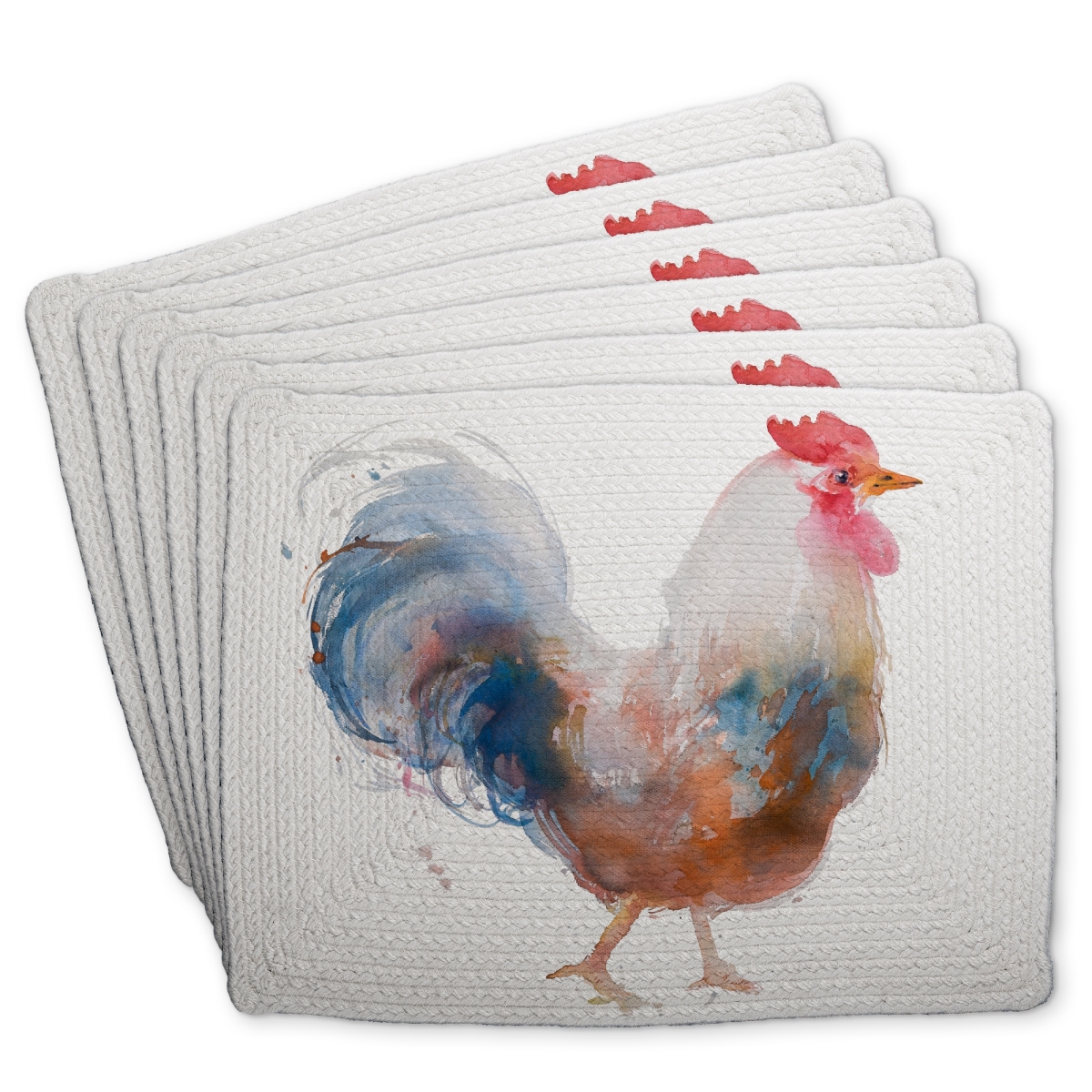 Picture of Begin Home Decor C6BP141863DS47 14 x 18 in. Watercolor Rooster Braided Polyester Placemat - Home Decor - Set of 6