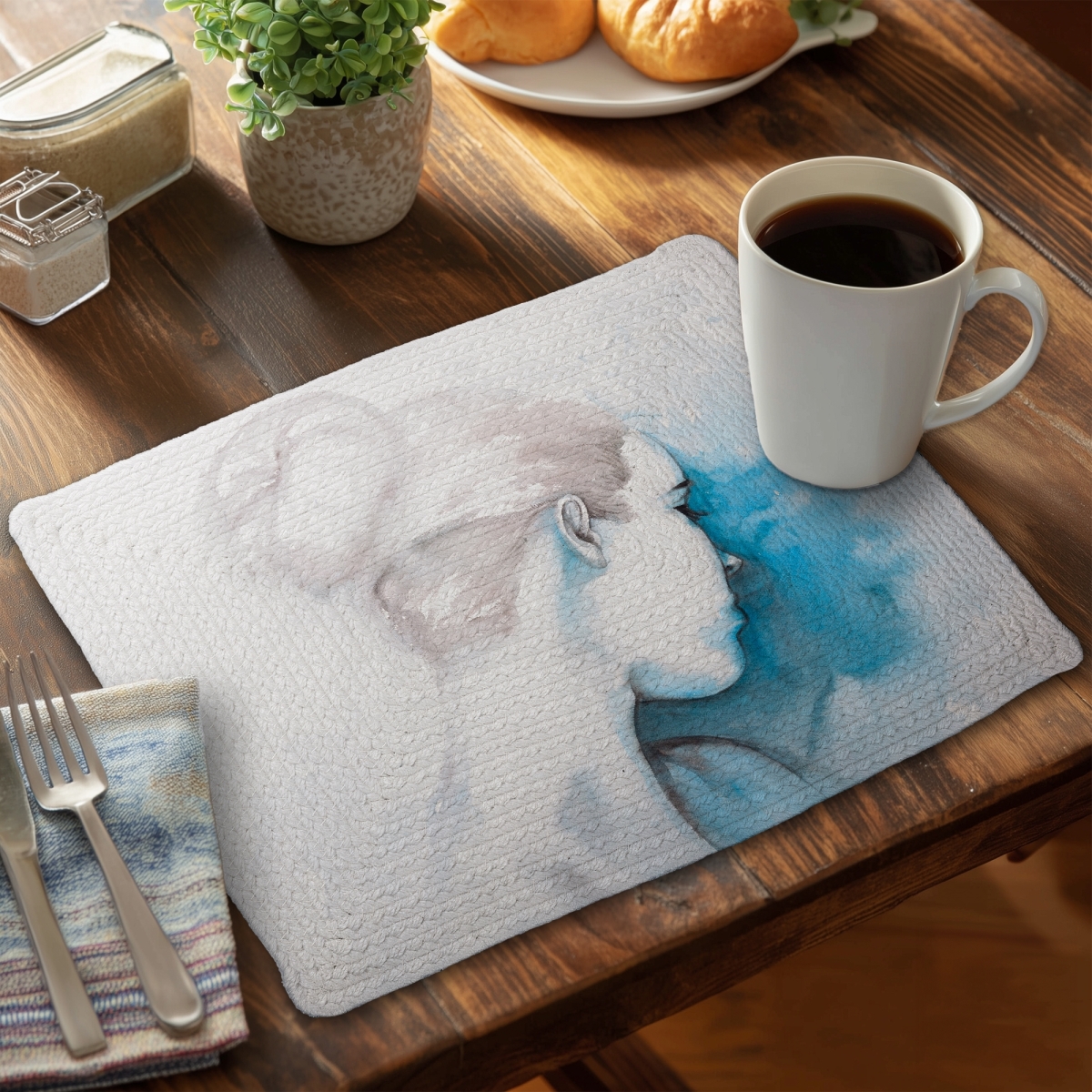 Picture of Begin Home Decor C4BP14181UQC4U 14 x 18 in. Watercolor Abstract Girl with Hair Bun - Braided Polyester Placemat - Set of 4
