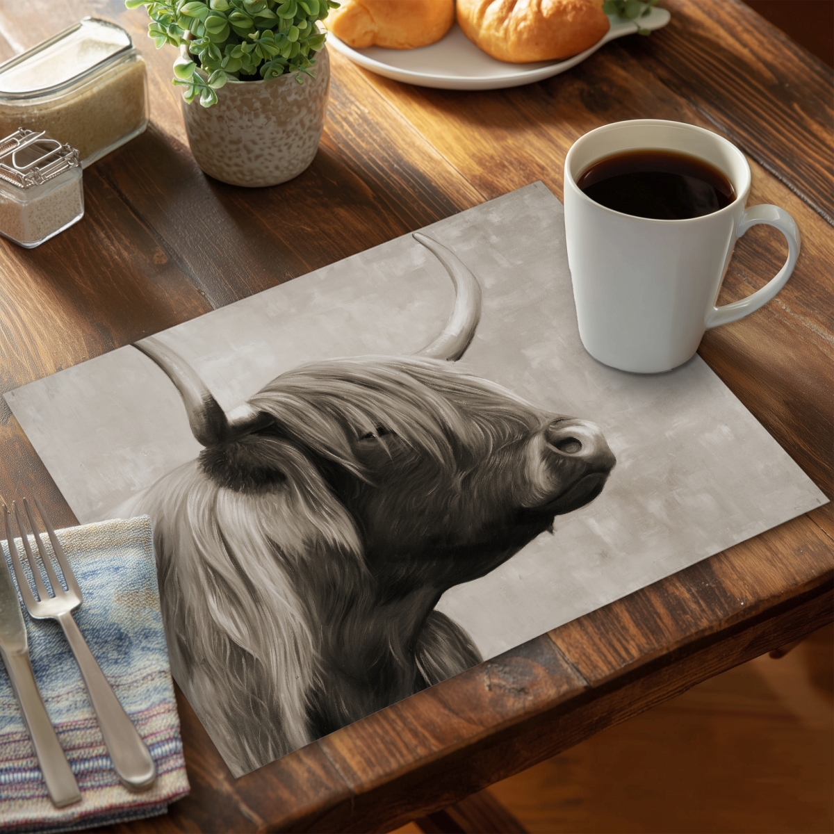 Picture of Begin Home Decor C4PP1418ACCW18 14 x 18 in. Beautiful Highland Cattle Sepia Polyester Placemat - Home Decor - Set of 4