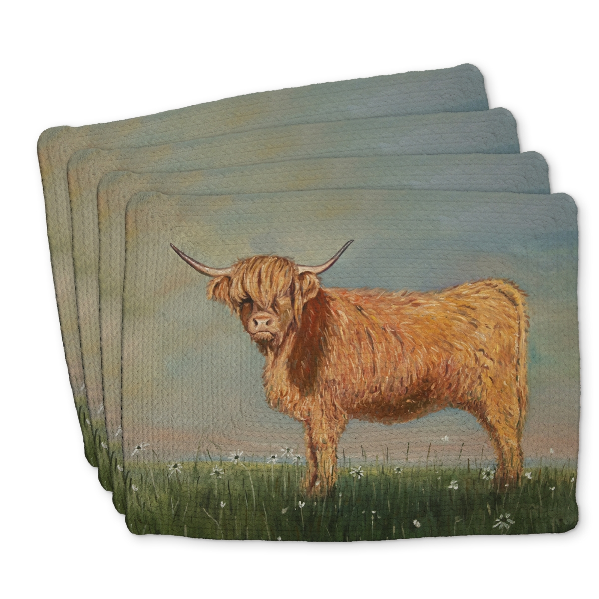 Picture of Begin Home Decor C4BP14180ORFJD 14 x 18 in. Daisy the Highland Cow - Braided Polyester Placemat for Decor - Set of 4
