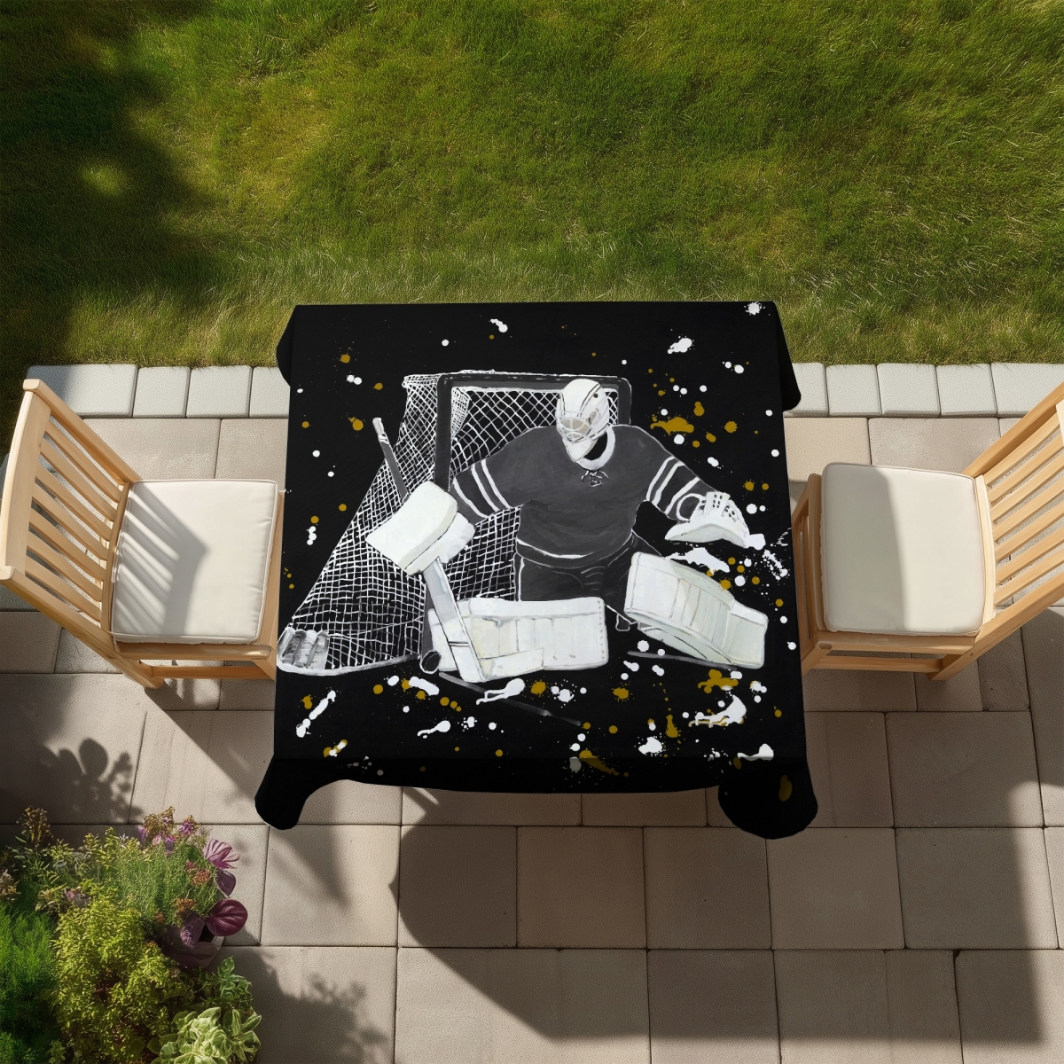 Picture of Begin Home Decor C1TC5858VBEQRA 58 x 58 in. Gray Man Goalkeeper Hockey Tablecloth - Indoor & Outdoor Decor