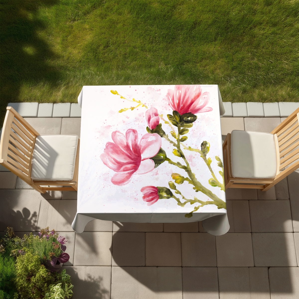 Picture of Begin Home Decor C1TC5858QR2155 58 x 58 in. Watercolor Magnolia Flowers Tablecloth - Romantic Home Decor