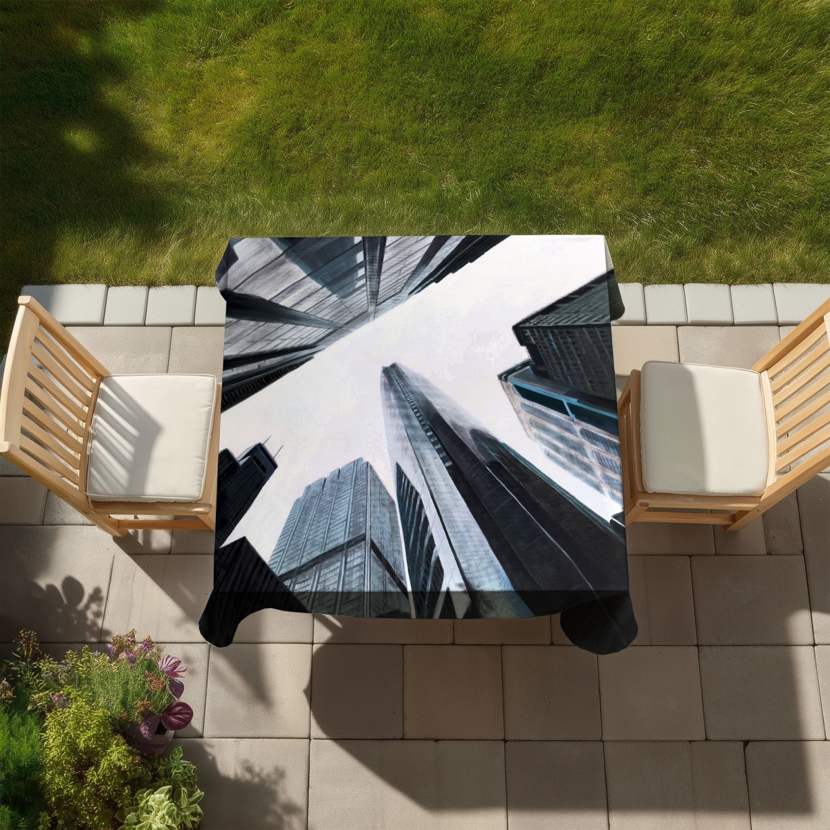 Picture of Begin Home Decor C1TC5858H47DRV 58 x 58 in. Perspective View of Skyscraper Tablecloth - Office Cities Decor