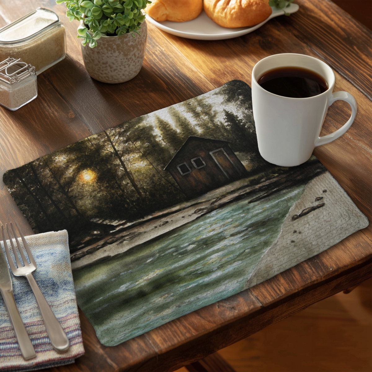 Picture of Begin Home Decor C6BP14183KR0JA 14 x 18 in. Cabin in the Forest - Braided Polyester Placemat for Home Decor - Set of 6