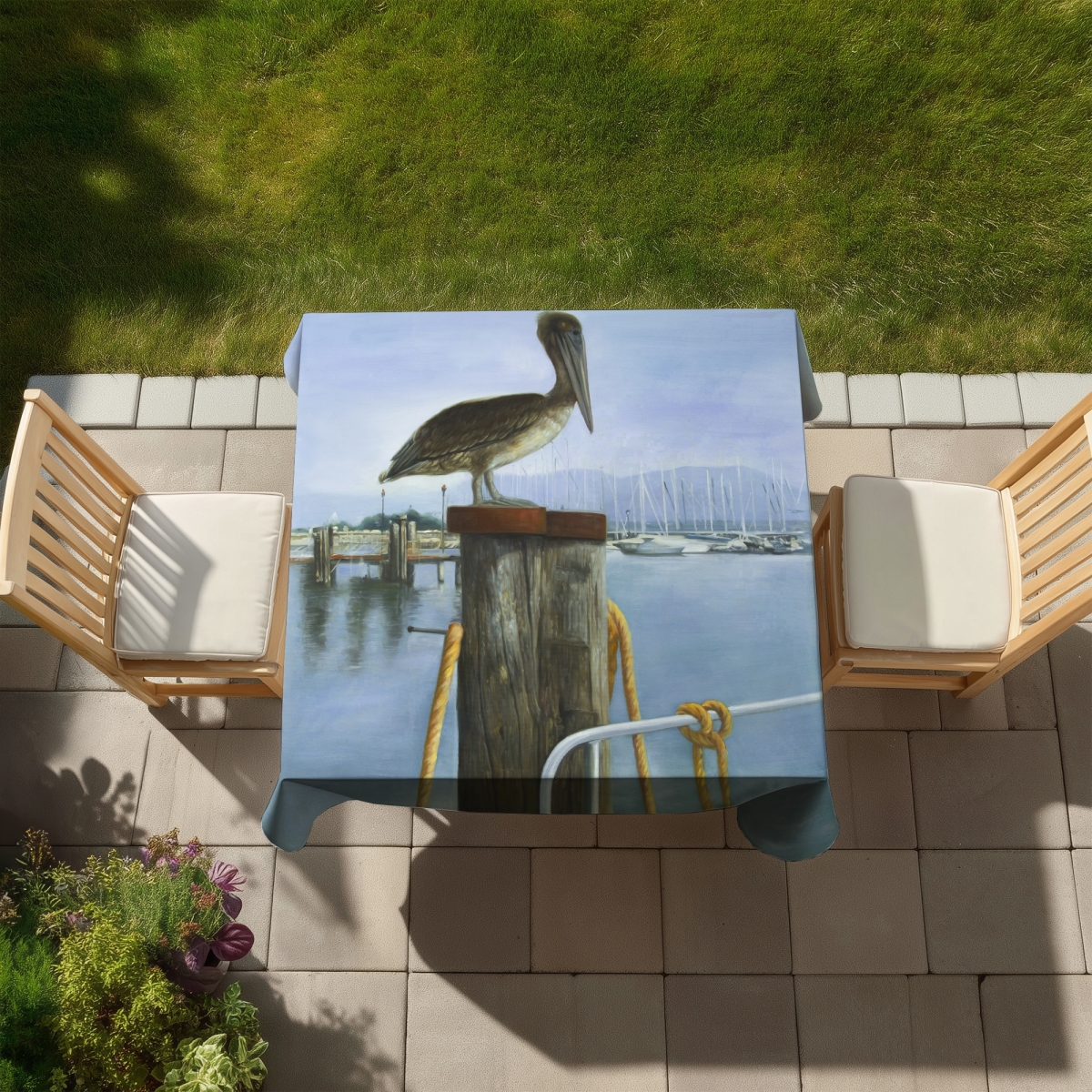 Picture of Begin Home Decor C1TC5858MPFSVF 58 x 58 in. Pelican Boat Blue Marine Indoor & Outdoor Tablecloth - Home Decor