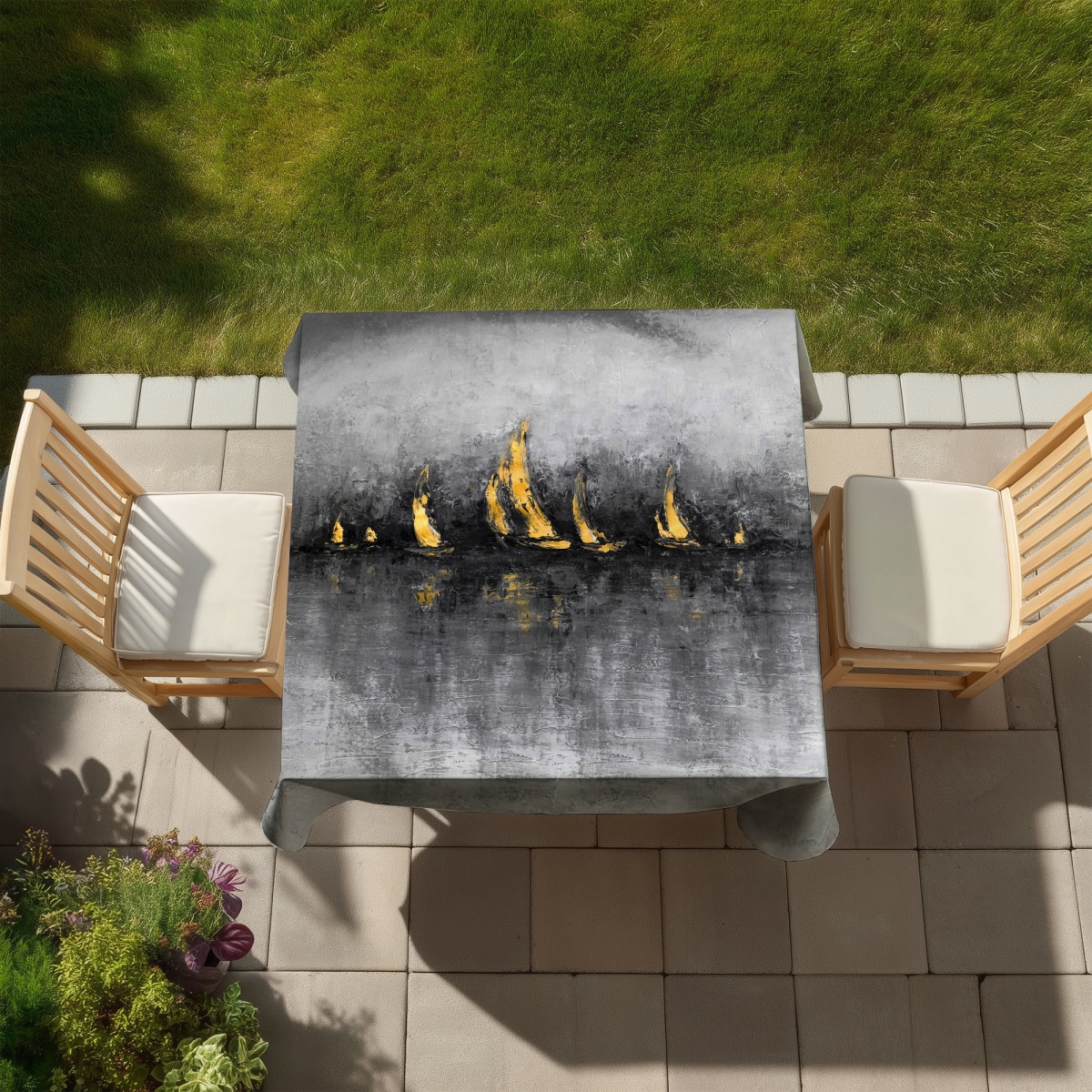 Picture of Begin Home Decor C1TC585830AX63 58 x 58 in. Gold Sailboats Tablecloth - Abstract Indoor & Outdoor Decor