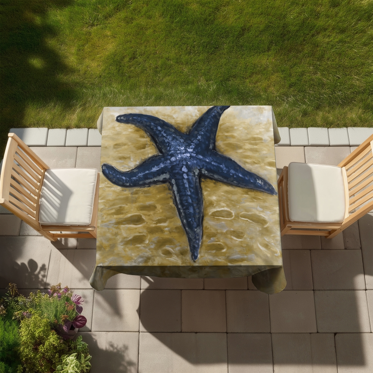 Picture of Begin Home Decor C1TC5858H9IMKJ 58 x 58 in. Blue Starfish Beige Aquatic Tablecloth - Indoor & Outdoor Decor