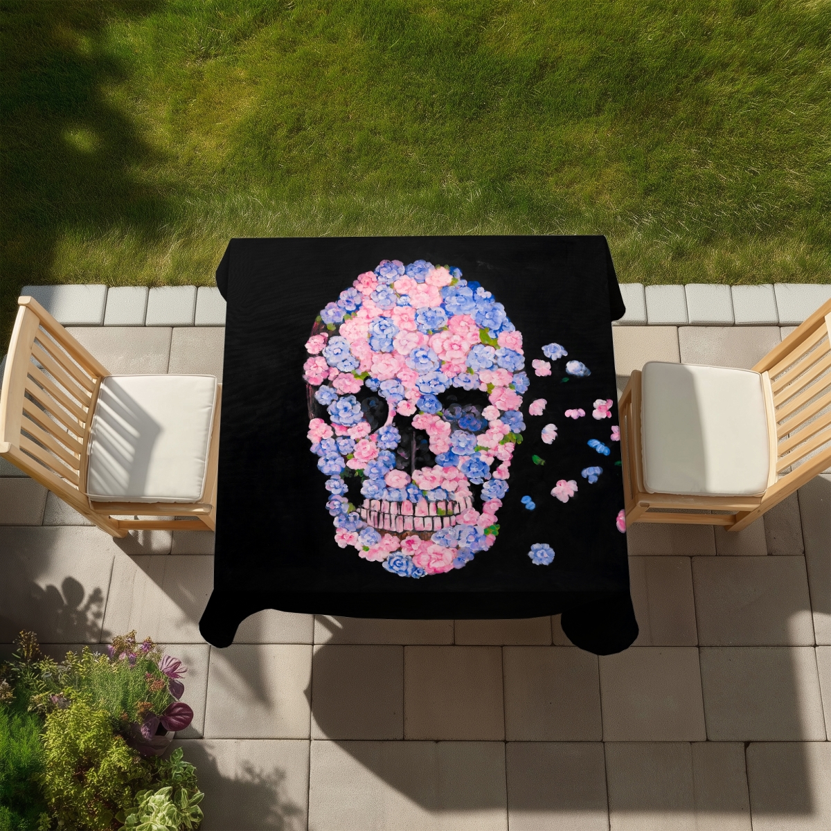 Picture of Begin Home Decor C1TC58584UNUYW 58 x 58 in. Flower Skull Tablecloth - Modern Indoor & Outdoor Home Decor