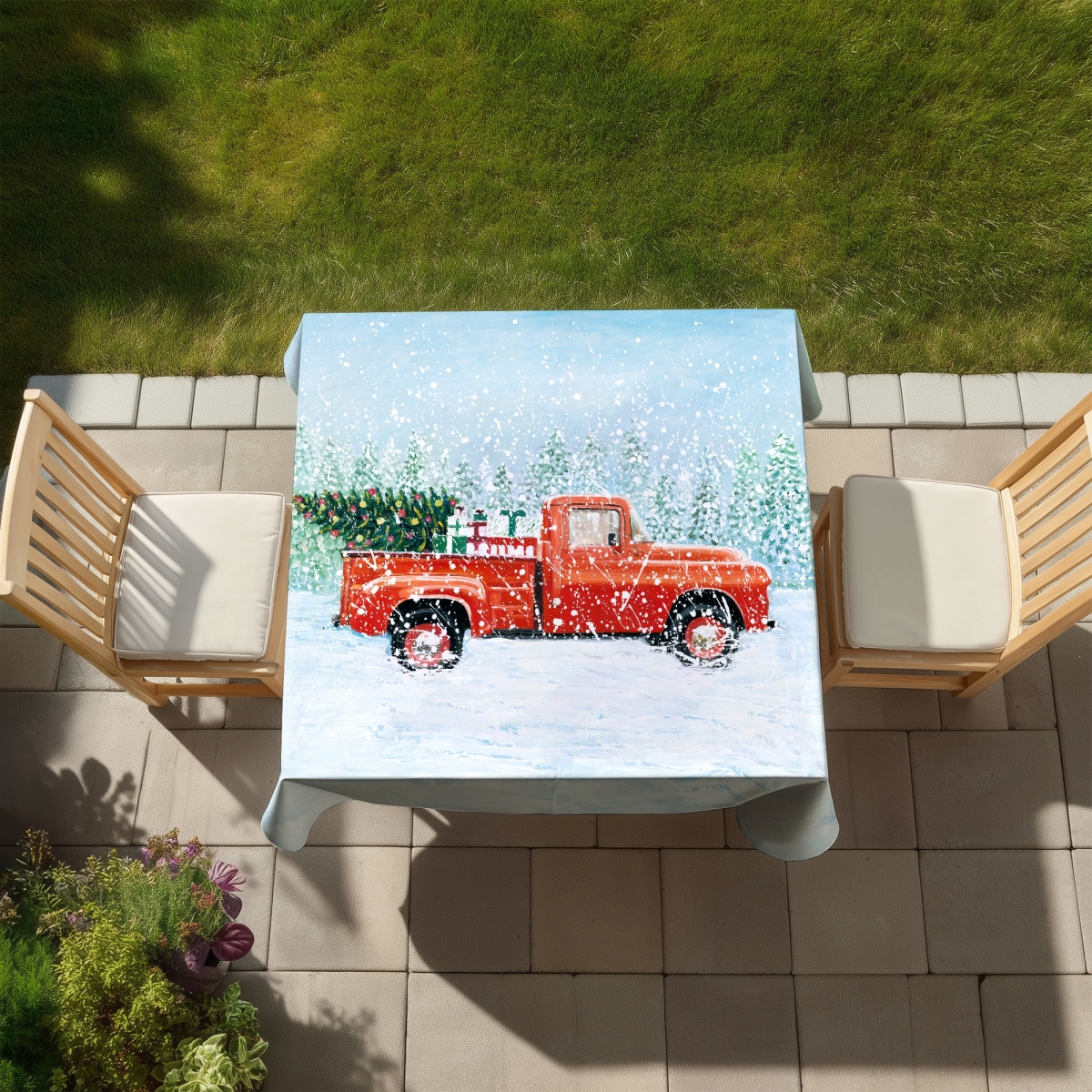 Picture of Begin Home Decor C1TC5858W0AWHE 58 x 58 in. Christmas Tree Truck Tablecloth - Indoor & Outdoor Home Decor