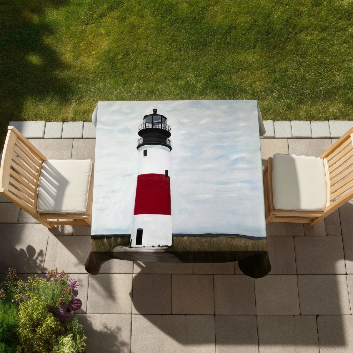 Picture of Begin Home Decor C1TC5858B0KAOG 58 x 58 in. Sankaty Head Lighthouse Blue Tablecloth - Indoor & Outdoor Decor