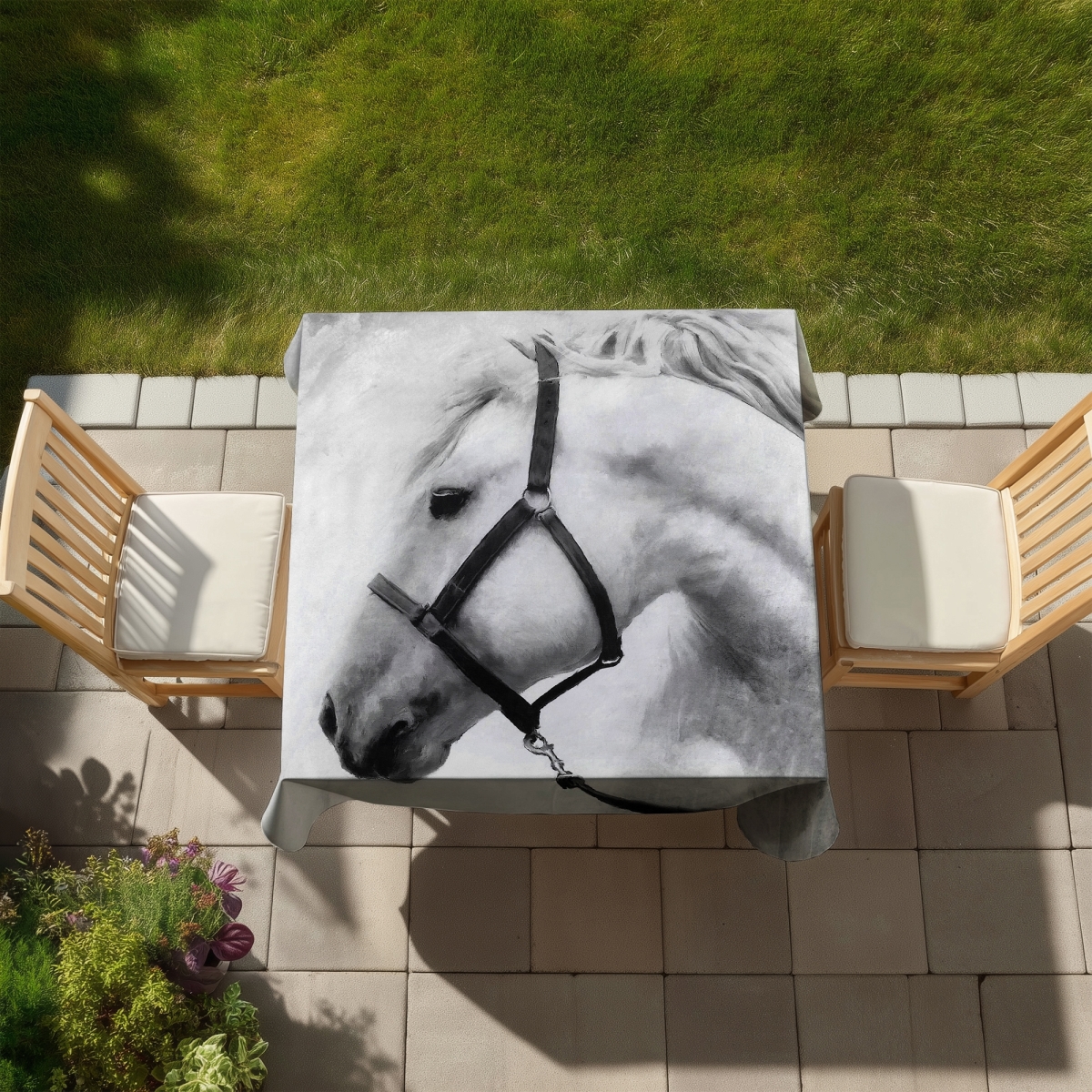 Picture of Begin Home Decor C1TC5858C5C8UC 58 x 58 in. Monochrome Horse Tablecloth - Darius the Horse Home Decor