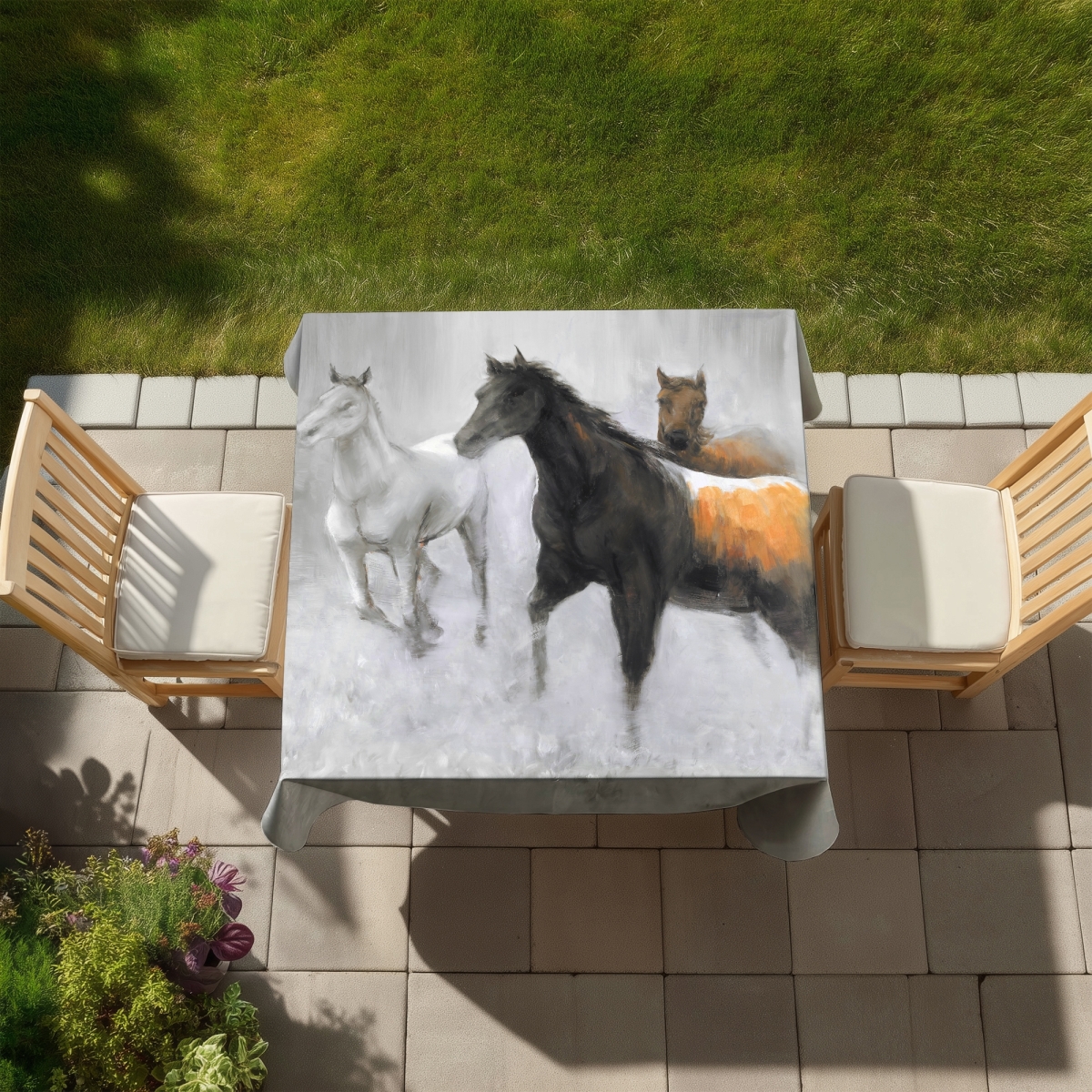 Picture of Begin Home Decor C1TC5858FYAMEQ 58 x 58 in. Abstract Herd of Horses Tablecloth - Brown Indoor & Outdoor Decor