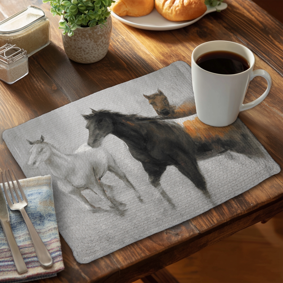 Picture of Begin Home Decor C6BP141835UU0U 14 x 18 in. Abstract Herd of Horses Braided Polyester Placemat - Home Decor - Set of 6