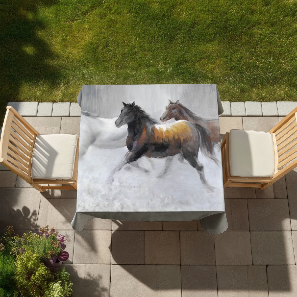 Picture of Begin Home Decor C1TC5858RWENVB 58 x 58 in. Herd of Wild Horses Tablecloth - Contemporary Living Room Decor