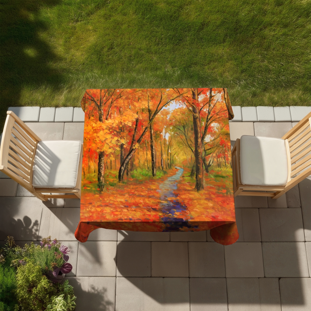 Picture of Begin Home Decor C1TC5858HBI816 58 x 58 in. Autumn Trail in the Forest Tablecloth - Orange Trees Decor