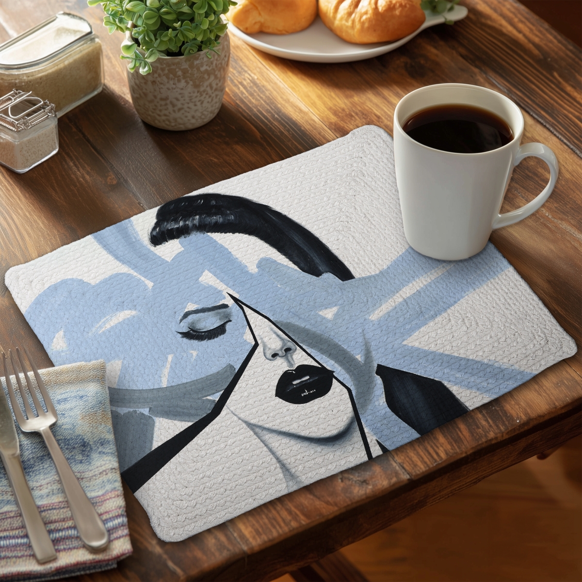 Picture of Begin Home Decor C4BP1418YA5KZ3 14 x 18 in. Abstract Blue Woman Portrait - Braided Polyester Placemat - Home Decor - Set of 4