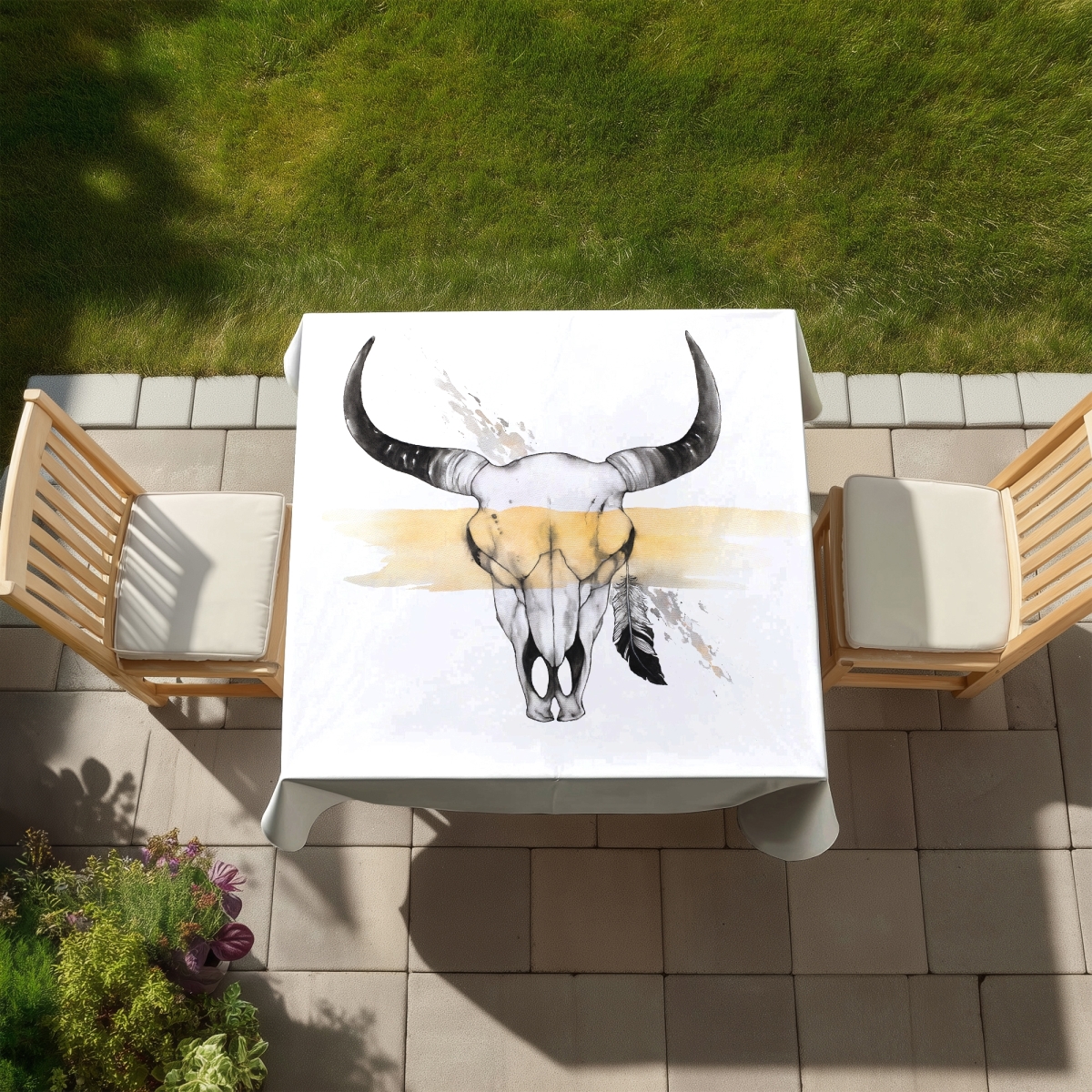 Picture of Begin Home Decor C1TC5858RBSZ0S 58 x 58 in. Cow Skull with Feather - Gray Scandinavian Tablecloth - Home Decor