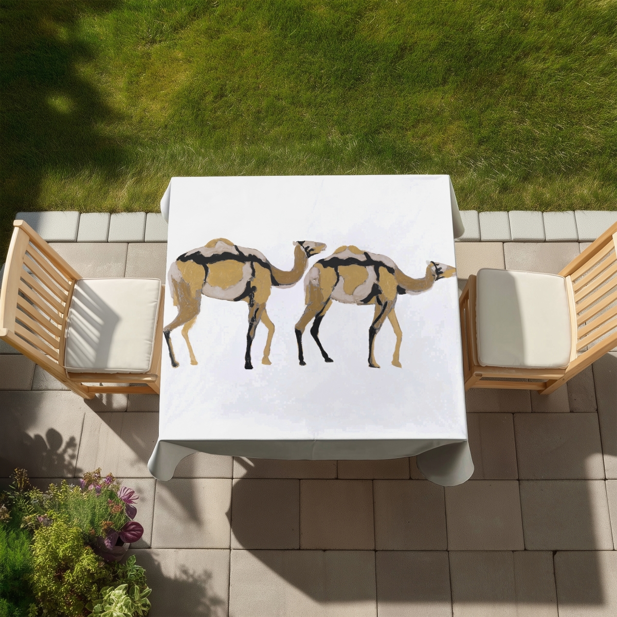 Picture of Begin Home Decor C1TC585801T132 58 x 58 in. Two Abstract Dromedaries Tablecloth - Indoor & Outdoor Decor