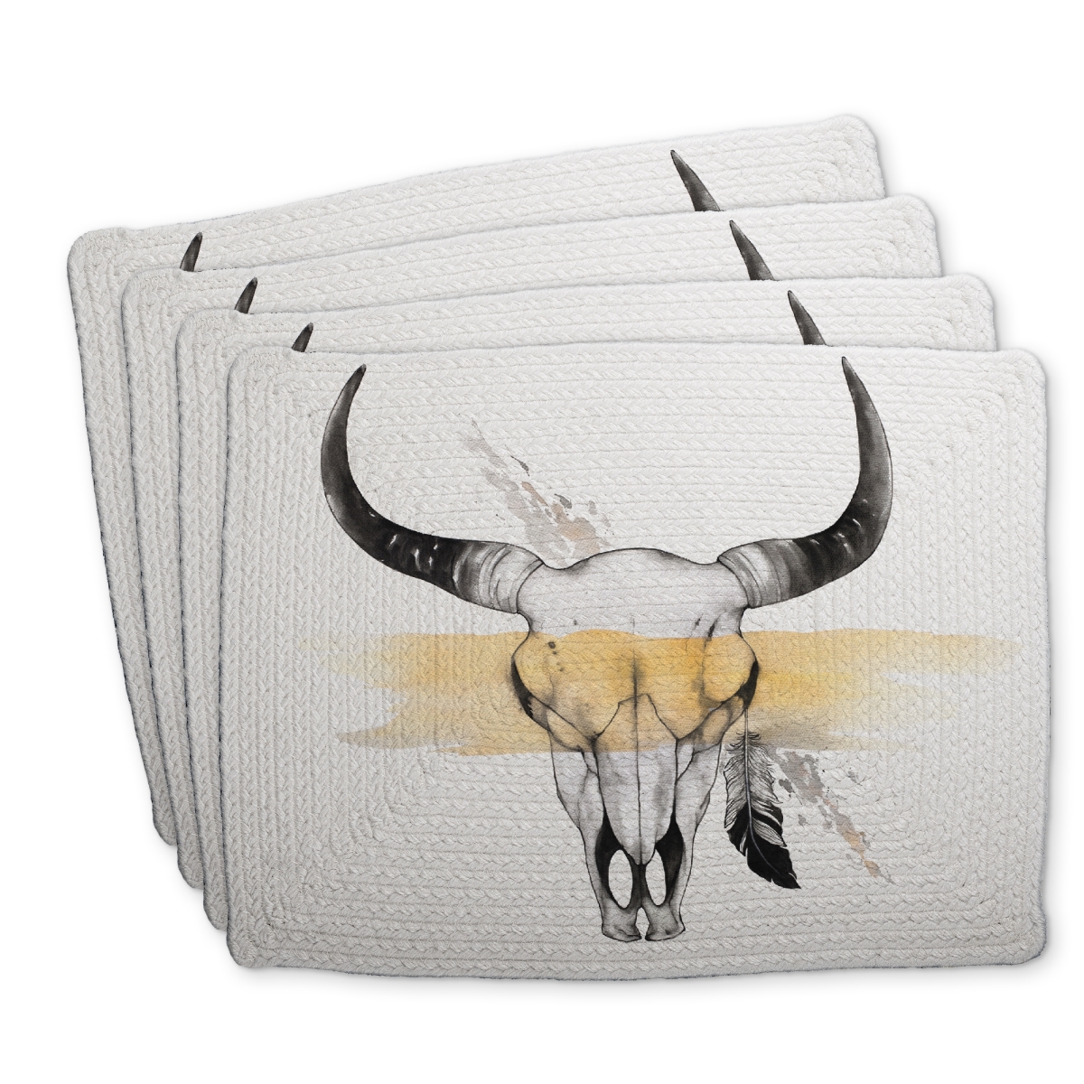 Picture of Begin Home Decor C4BP1418JKQGOG 14 x 18 in. Cow Skull with Feather Braided Polyester Placemat - Home Decor - Set of 4