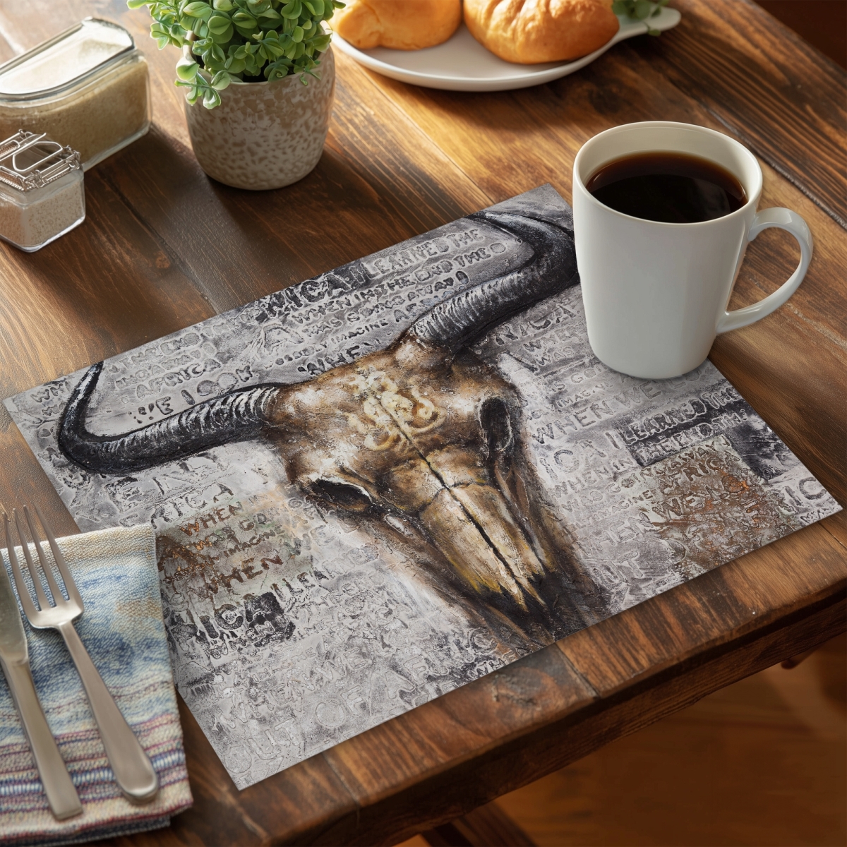 Picture of Begin Home Decor C4PP1418GG0RNZ 14 x 18 in. Bull Skull with Typography - Polyester Placemat for Home Decor - Set of 4