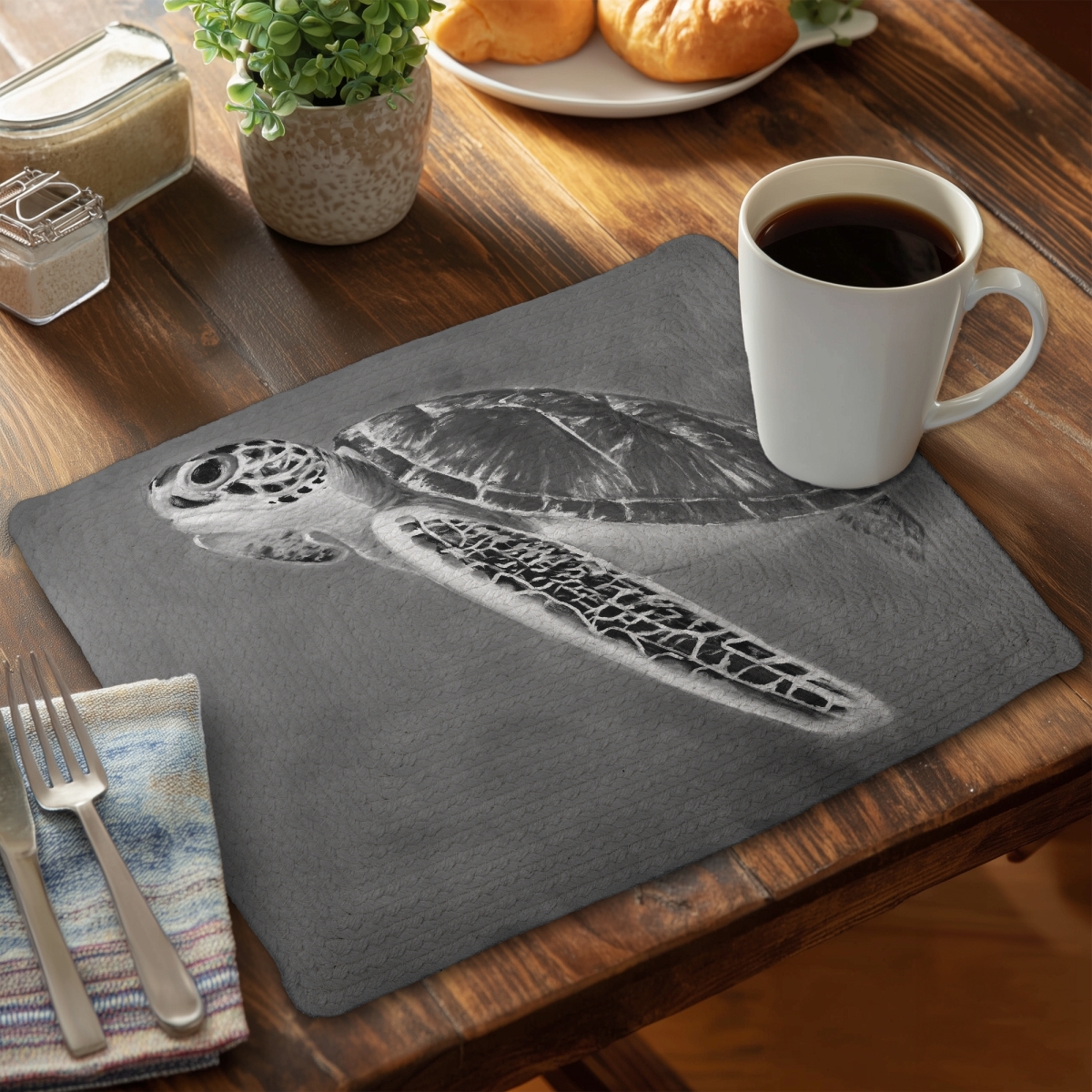 Picture of Begin Home Decor C4BP14182QE3GW 14 x 18 in. Grayscale Sea Turtle Braided Polyester Placemat for Home Decor - Set of 4